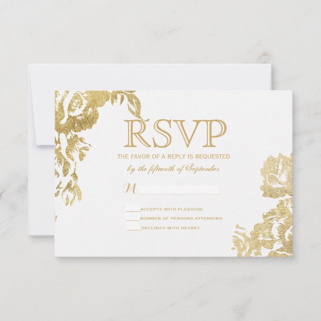 Elegant Simple Modern Rose Floral Gold RSVP Card (Front)