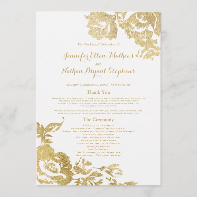 Elegant Simple Modern Rose Floral Gold Wedding Programme (Front)