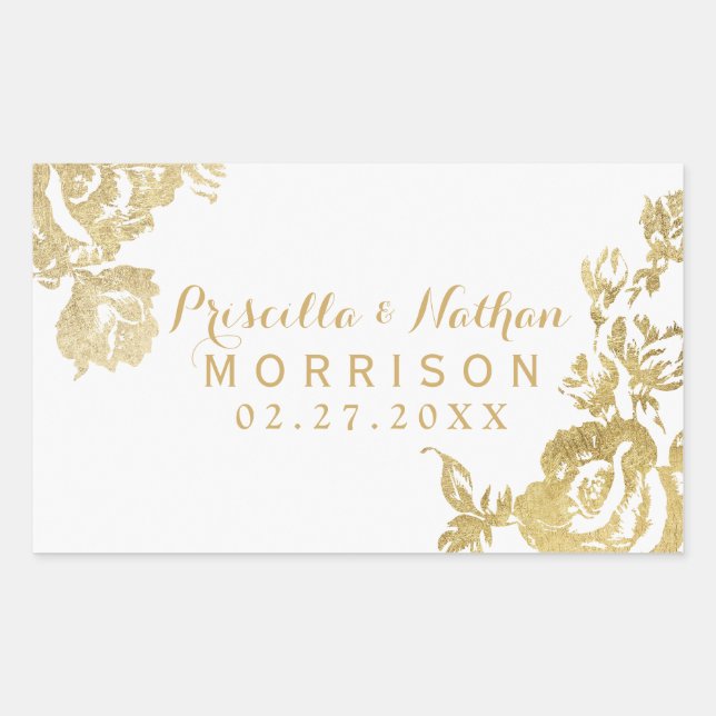 Elegant Simple Modern Rose Floral Gold Wedding Rectangular Sticker (Front)