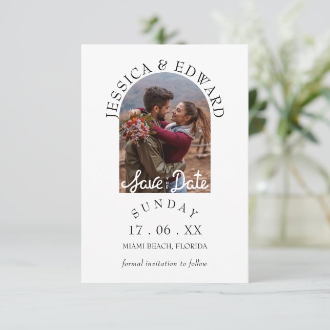Elegant Simple Modern Script Photo Save The Date (Standing Front)