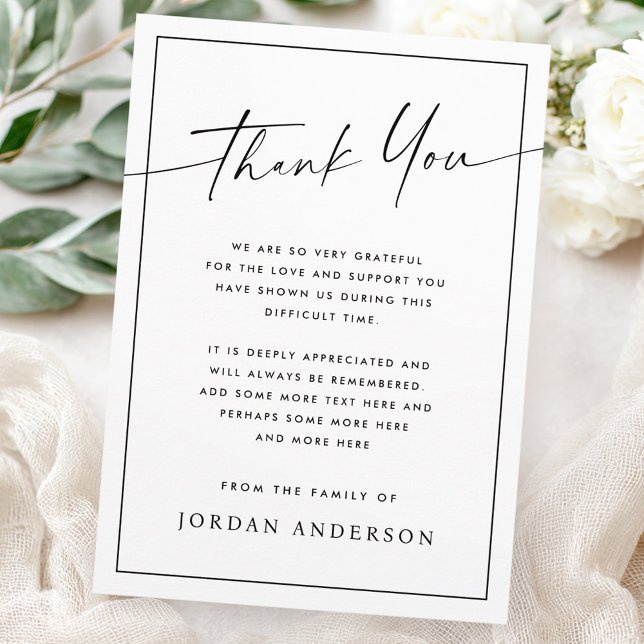 Elegant simple modern script thin border funeral thank you card (Elegant simple modern script thin border funeral thank you card)