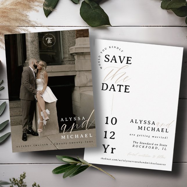 Elegant Simple Modern White Script Photo Wedding Save The Date (Elegant modern photo typography script simple wedding save the date, black and white, champagne tan)
