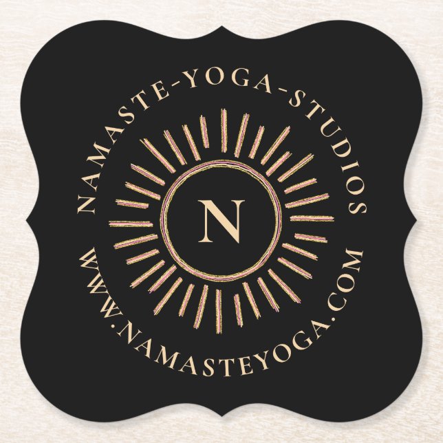 Elegant Simple Monogram Black Gold Modern Paper Coaster (Front)
