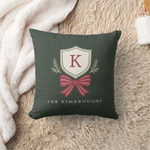 Elegant Simple Monogram Green Red Bow Christmas Cushion