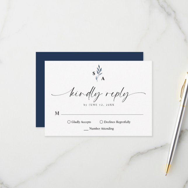Elegant Simple Monogram Navy Blue Calligraphy RSVP Card (Front/Back In Situ)