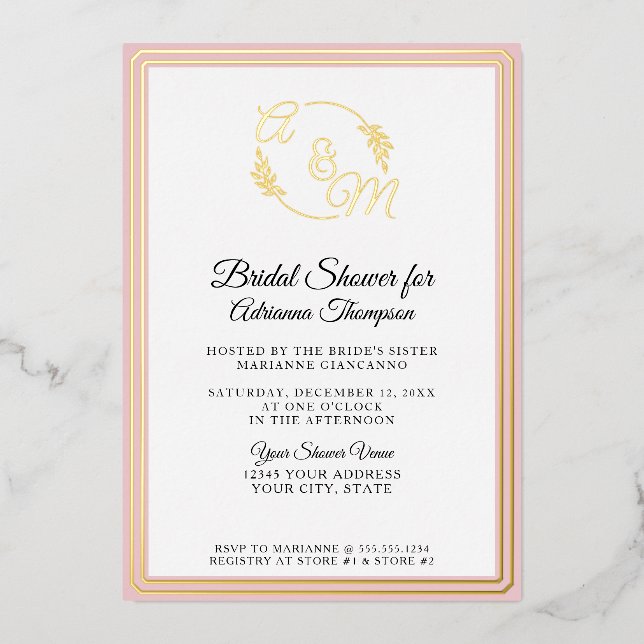Elegant Simple Monogram Pink Gold Bridal Shower (Front)