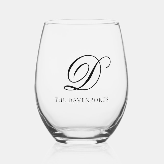 Elegant Simple Monogram Wedding Keepsake Stemless Wine Glass (Front)