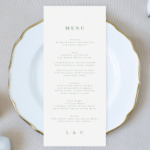 Elegant Simple Moss Green White Monogram Menu