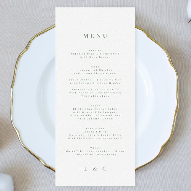Elegant Simple Moss Green White Monogram Menu (Creator Uploaded)