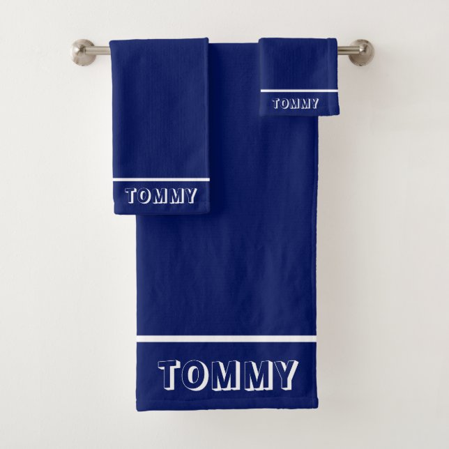 Elegant Simple Name Text on Navy Blue Bath Towel Set (Insitu)