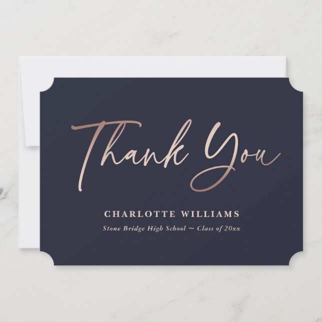 Elegant Simple Navy Blue and Rose Gold Graduation Thank You Card (Front)