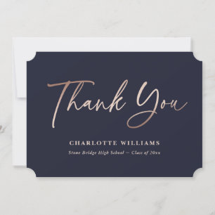 Elegant Simple Navy Blue and Rose Gold Graduation Thank You Card