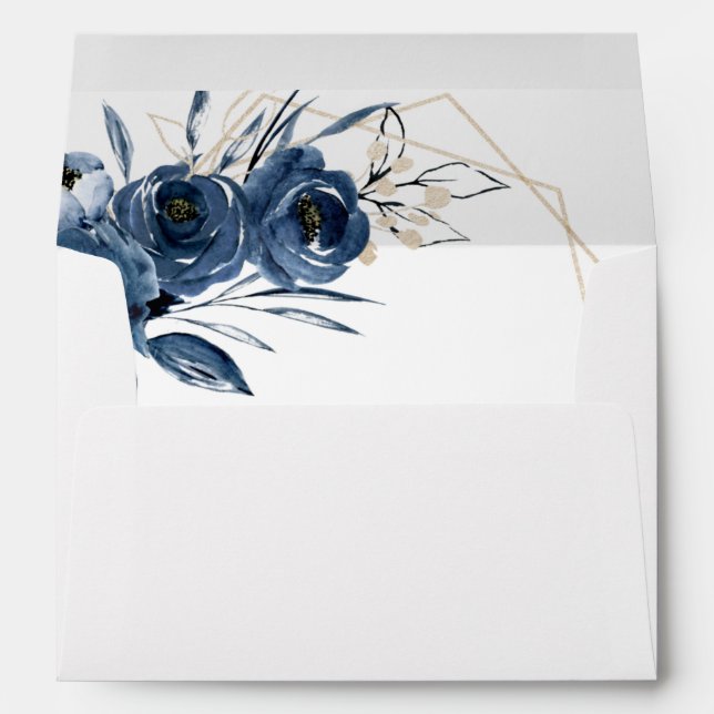 Elegant Simple Navy Blue Botanical Floral Wedding Envelope (Back (Bottom))