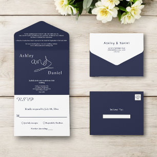 Elegant Simple Navy Blue White Calligraphy Wedding All In One Invitation