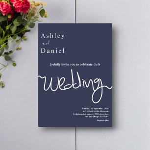 Elegant Simple Navy Blue White Calligraphy Wedding Invitation