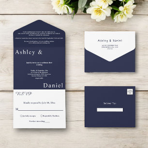 Elegant Simple Navy Blue White Luxury Chic Wedding All In One Invitation