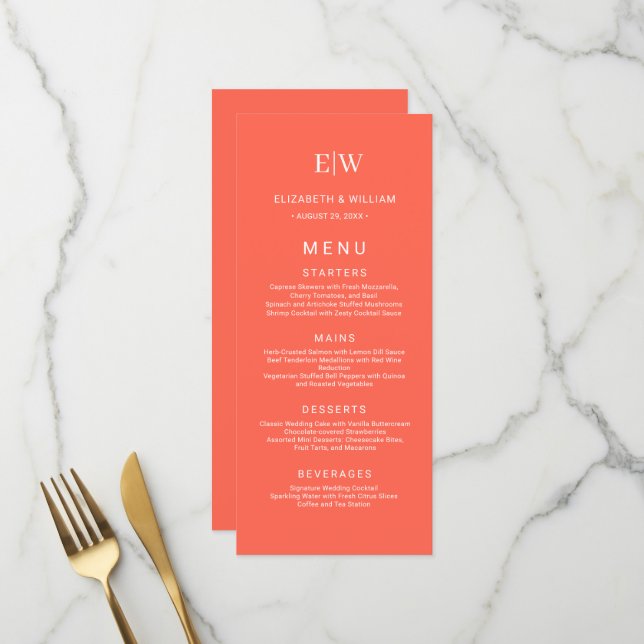 Elegant Simple Neon Flare with Monogram Wedding Menu (Front/Back In Situ)