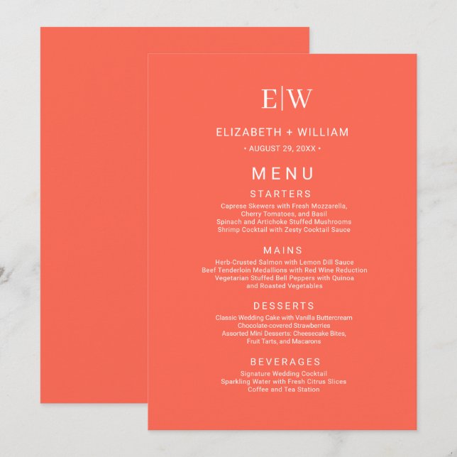 Elegant Simple Neon Flare with Monogram Wedding Menu (Front/Back)