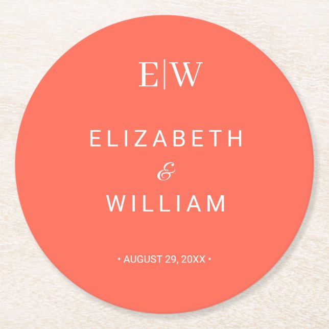 Elegant Simple Neon Flare with Monogram Wedding Round Paper Coaster (Front)