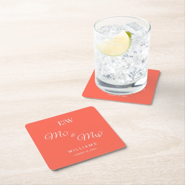 Elegant Simple Neon Flare with Monogram Wedding Square Paper Coaster (Insitu)