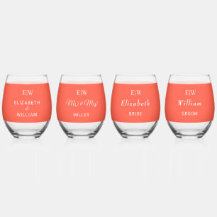 Elegant Simple Neon Flare with Monogram Wedding Stemless Wine Glass