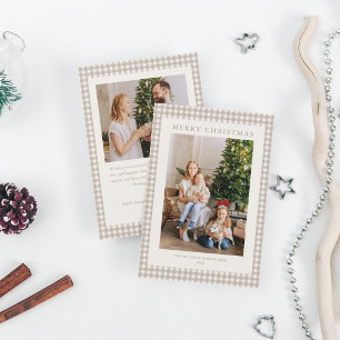 Elegant Simple Neutral Plaid 2 Photo Christmas Holiday Card