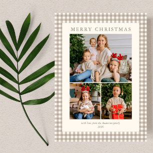 Elegant Simple Neutral Plaid 3 Photo Christmas Holiday Card