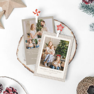 Elegant Simple Neutral Plaid 5 photo Christmas Holiday Card