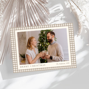 Elegant Simple Neutral Plaid Photo Merry Christmas Holiday Card
