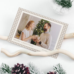 Elegant Simple Neutral Plaid Photo Merry Christmas Holiday Card