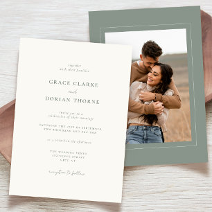 Elegant Simple Neutral Sage Green Photo Wedding Invitation