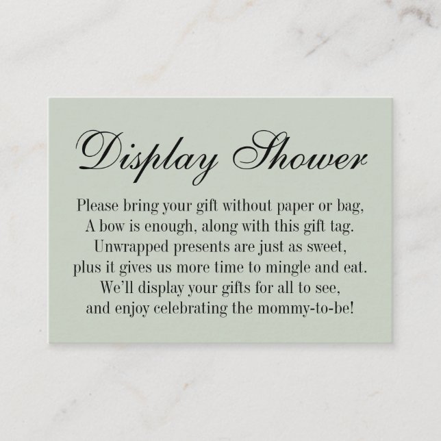 Elegant, Simple No Wrap Baby Shower Sage Green Enclosure Card (Front)