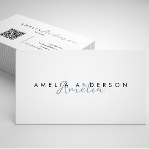 Elegant Simple Pale Blue Script QR code Business Card