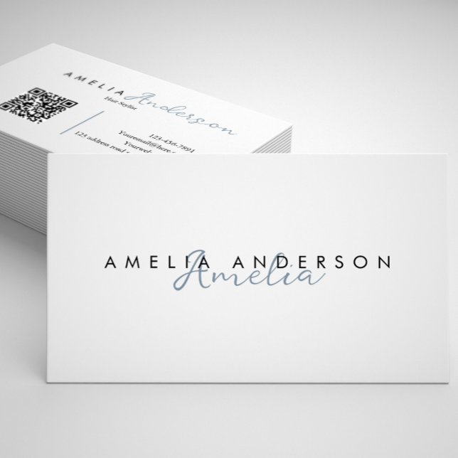 Elegant Simple Pale Blue Script QR code Business Card (Creator Uploaded)
