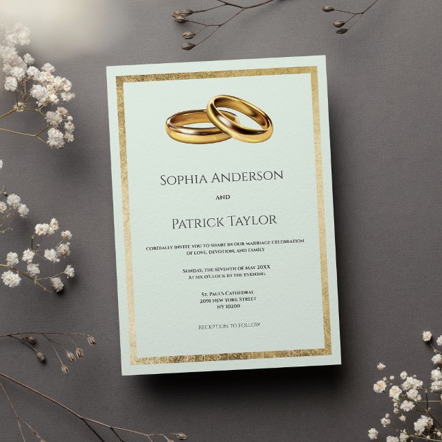 Elegant simple pastel green gold rings Wedding  Invitation (Elegant simple pastel green gold rings Wedding)