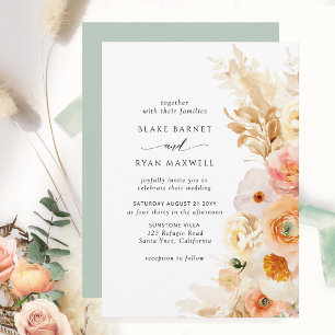 Elegant, Simple Peach Blush Cream and Sage Wedding Invitation