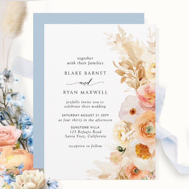 Elegant, Simple Peach, Blush, Cream, Blue Wedding Invitation (Creator Uploaded)