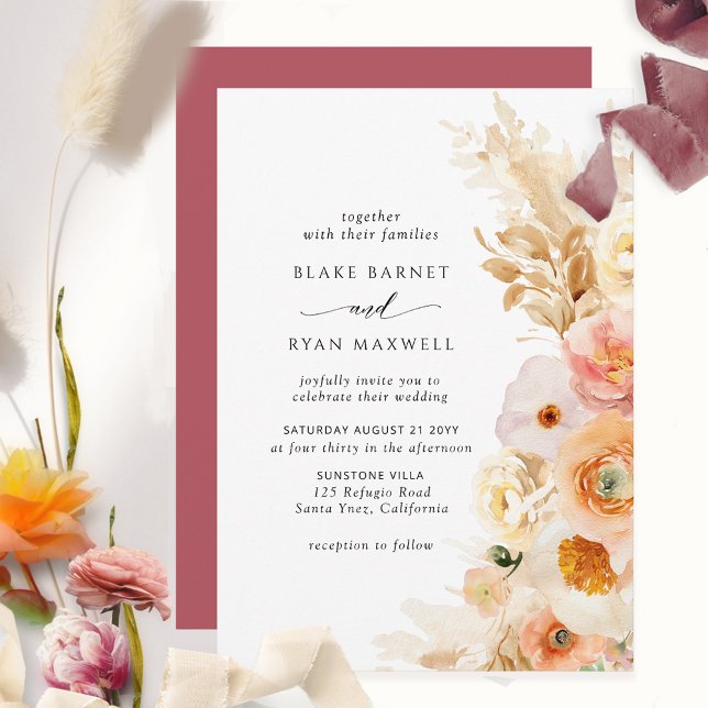 Elegant, Simple Peach Blush Cream Burgundy Wedding Invitation (Creator Uploaded)
