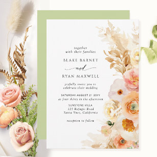 Elegant, Simple Peach, Blush Cream Green Wedding Invitation