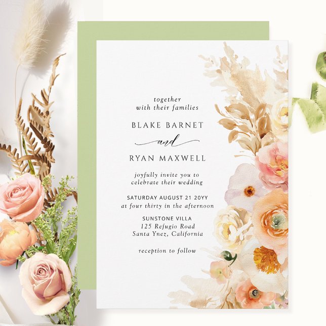 Elegant, Simple Peach, Blush Cream Green Wedding Invitation (Creator Uploaded)