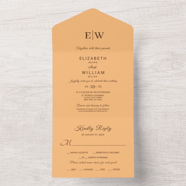 Elegant Simple Peach Monogram Wedding All In One Invitation (Inside)