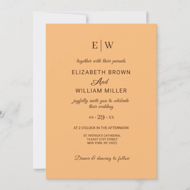 Elegant Simple Peach, Monogram Wedding Invitation (Front)