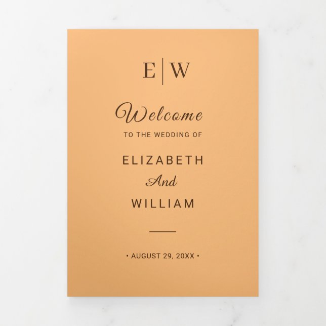 Elegant Simple Peach Monogram Wedding Tri-Fold Programme (Cover)