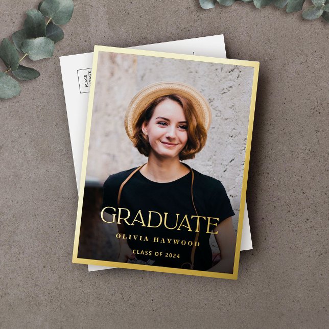 Elegant Simple Photo Gold Graduation Party Foil Invitation Postcard (Creator Uploaded)