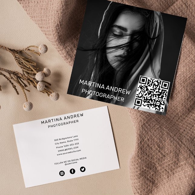 Elegant simple photo QR code social media rounded Square Business Card (Creator Uploaded)