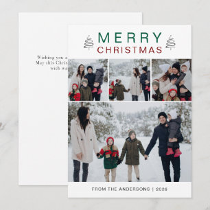 Elegant Simple Pine Tree Christmas Family 3 Photo Holiday Card