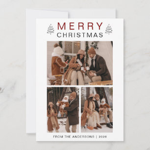 Elegant Simple Pine Tree Christmas Family 3 Photo Holiday Card