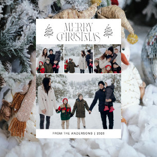 Elegant Simple Pine Tree Christmas Family 3 Photo Holiday Card
