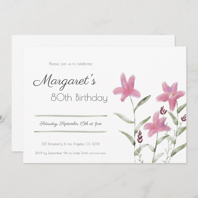 Elegant Simple Pink Floral Watercolor Birthday Invitation (Front/Back)