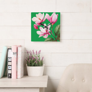 Elegant Simple Pink Flower Floral Art Square Wall Clock